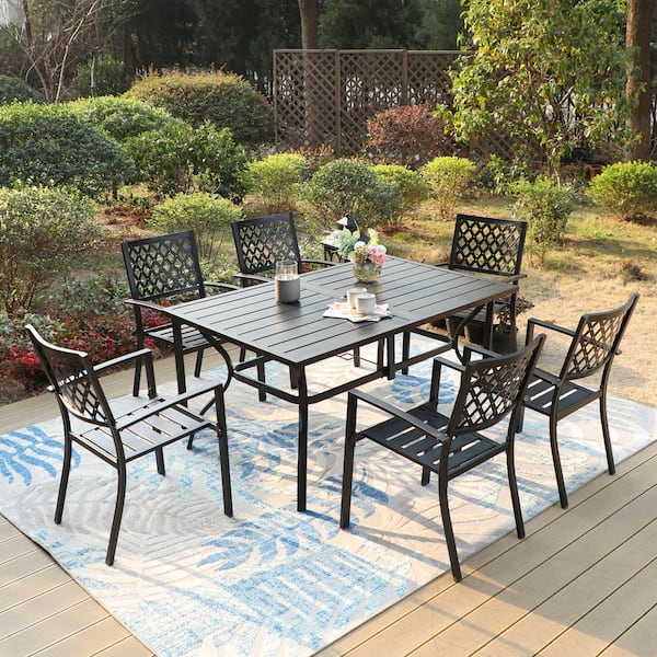 Black 7-Piece Metal Outdoor Patio Dining Set with Slat Rectangle Table and Elegant Stackable Chairs