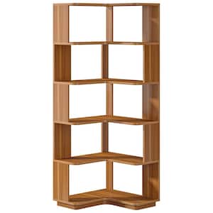 Jannelly 65 in. Brown Engineered Wood 6-Shelf Corner Standard Bookcase Bookshelf with Anti-Drop Panel