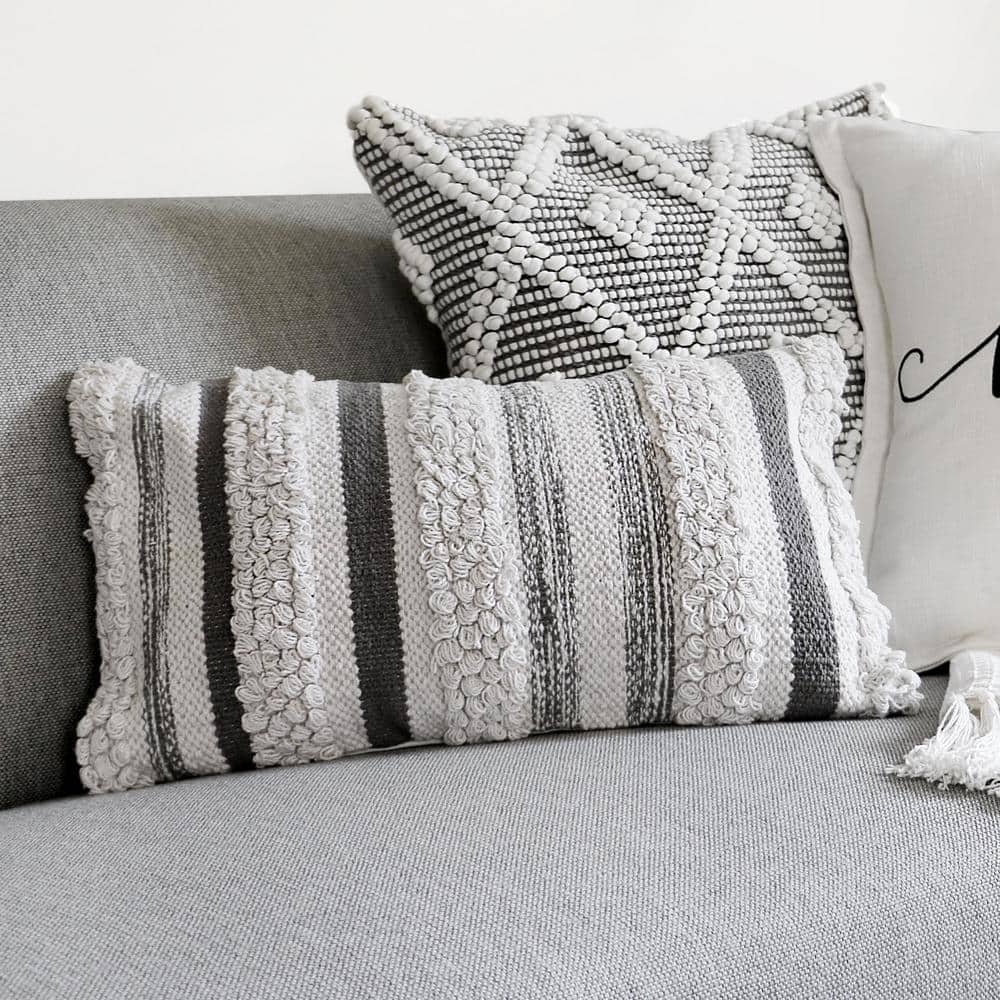Gray and White Embroidered Cotton-Polyester Square Pillow Cover