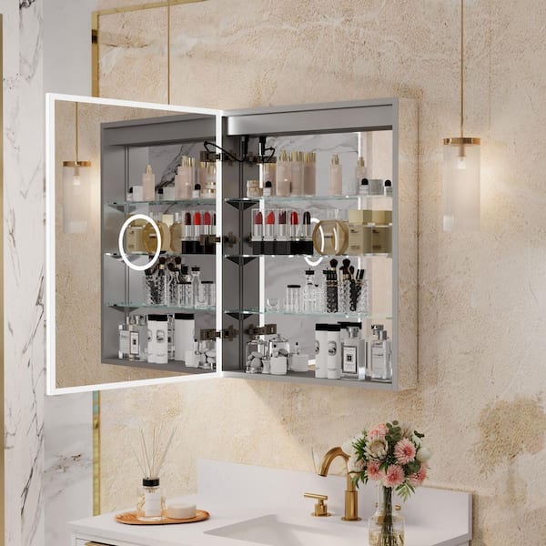 24 in. W x 30 in. H Rectangular Recessed/Surface Mount LED Medicine Cabinet with Mirror Defogger,3X Magnifier Left Hinge