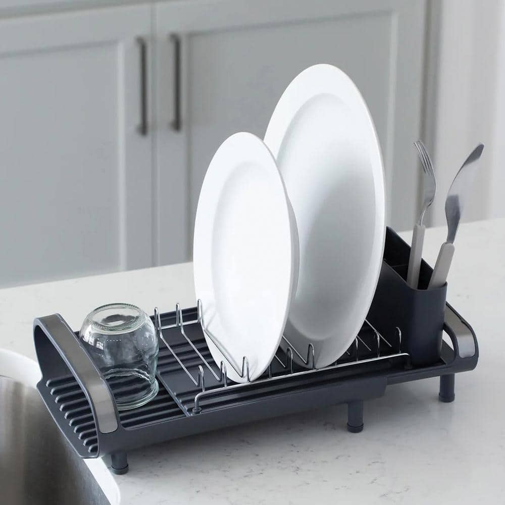 Compact Gray Metal Foldable Dish Rack with Utensil Cup