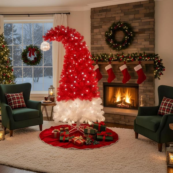 6 ft. Artificial Christmas Tree, Prelit Santa Hat Xmas Tree with 300-Lights, Seasonal Holiday Decoration