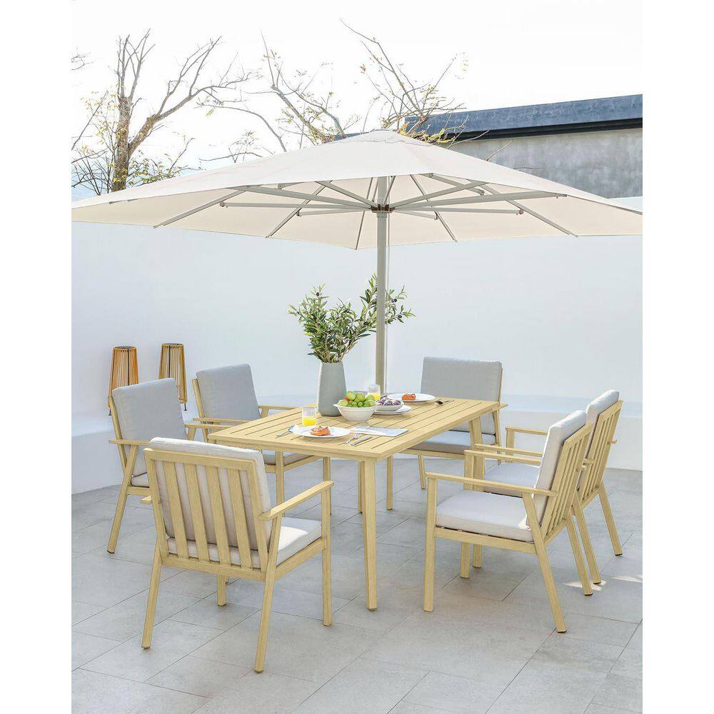 Maple Wood 7-Piece Aluminum Patio Furniture Set Outdoor Dining Set with White Cushion and Umbrella Hole price history on PriceWatchPro