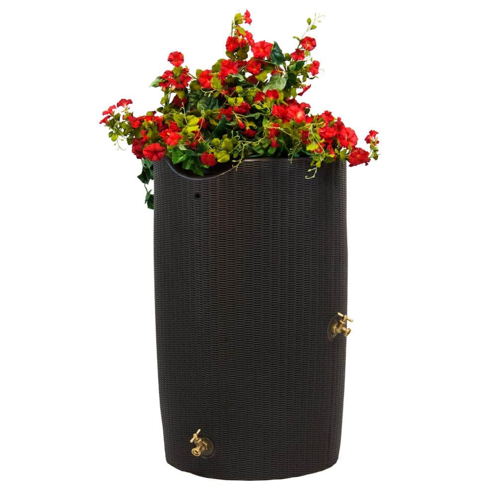 Dark Brown Wicker 50 Gallon Planter Rain Barrel