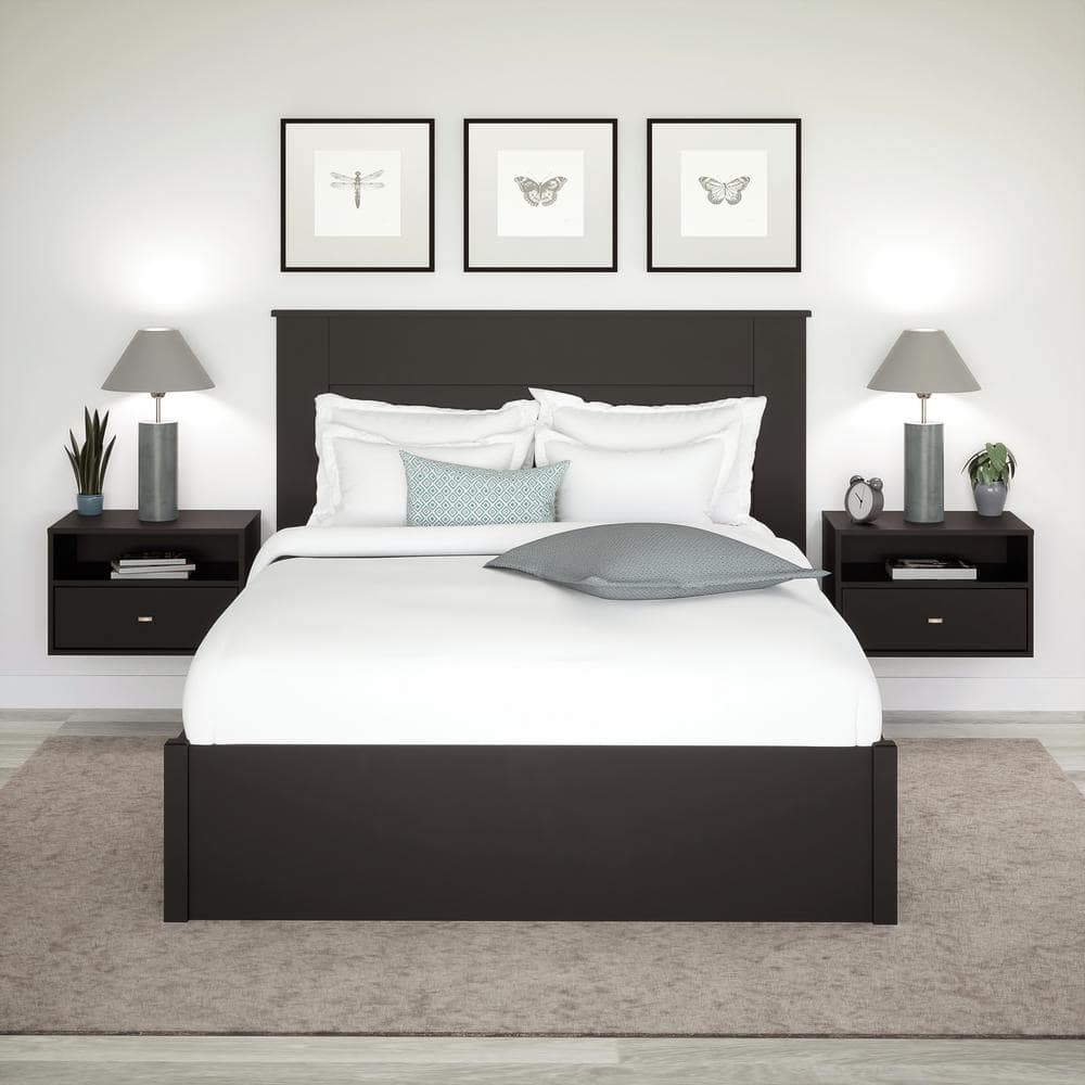 Set of 2 Black Floating Nightstands with Brass Handles
