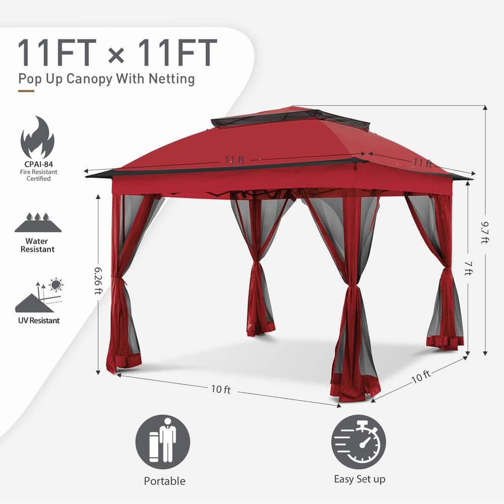 Red Steel 11x11 Patio Gazebo with Mosquito Netting