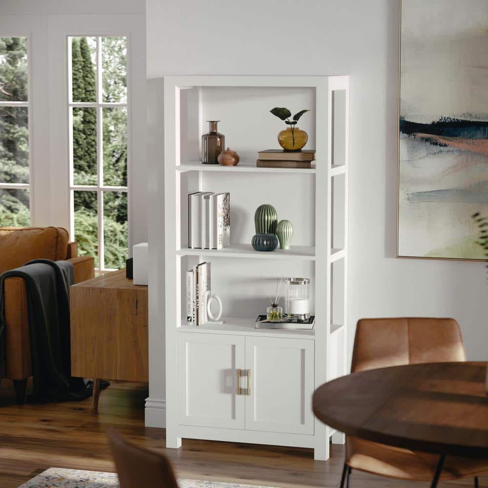 White 68" Wood Shaker Bookcase with Brass Hardware
