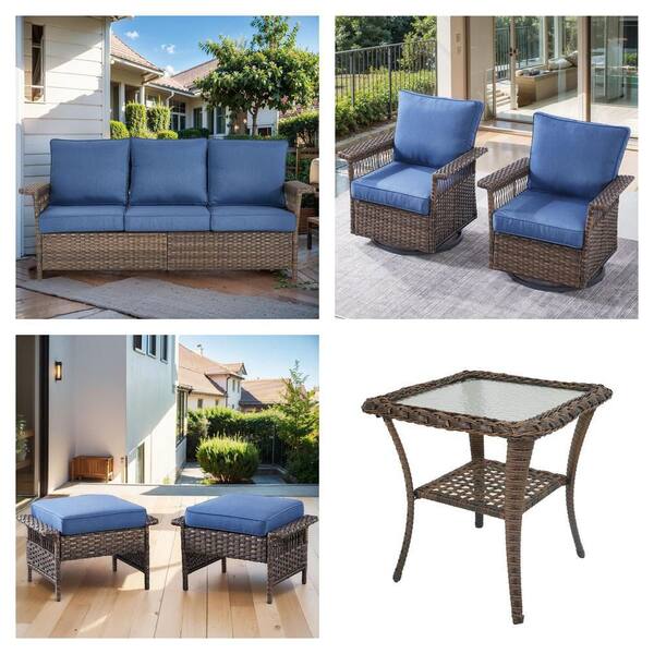 Seagull Wicker Outdoor Sofa, Rocking Chair, Ottoman (2-Pack) and Brown Wicker Side Table with Blue Cushions Combo