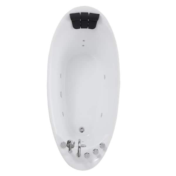 67 in. Right Hand Drain Acrylic Freestanding Flatbottom Whirlpool Bathtub in White with Faucet - Water Jets