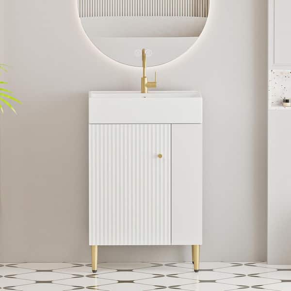 21.6 in. Single Sink Freestanding White Bath Vanity with White Ceramic Top, Soft-closing Hinge, Right-side Open Shelf