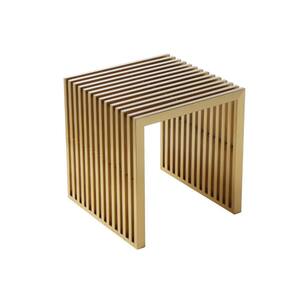17 In. Gold Slatted Design Square Metal Accent Stool with Luxurious Brushed