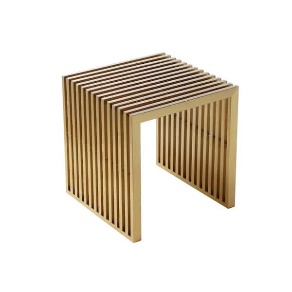 Benjara 17 In. Gold Slatted Design Square Metal Accent Stool with Luxurious Brushed