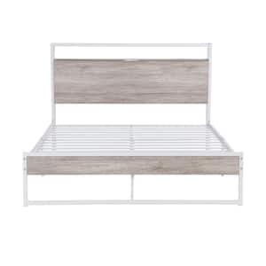 55.6 in. W White Metal Frame Full Size Platform Bed Frame with Sockets, USB Ports and Slat Support