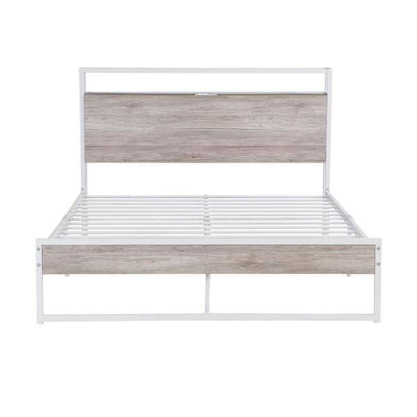 Unbranded 55.6 in. W White Metal Frame Full Size Platform Bed Frame with Sockets, USB Ports and Slat Support
