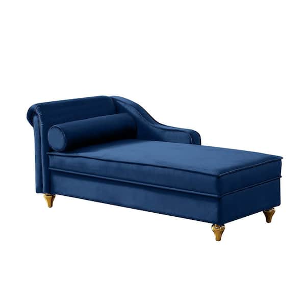 60.6 in. Navy Blue wood Frame Modern Velvet Bench, Chaise Lounge Chair with Hidden Storage and Gold Metal Legs