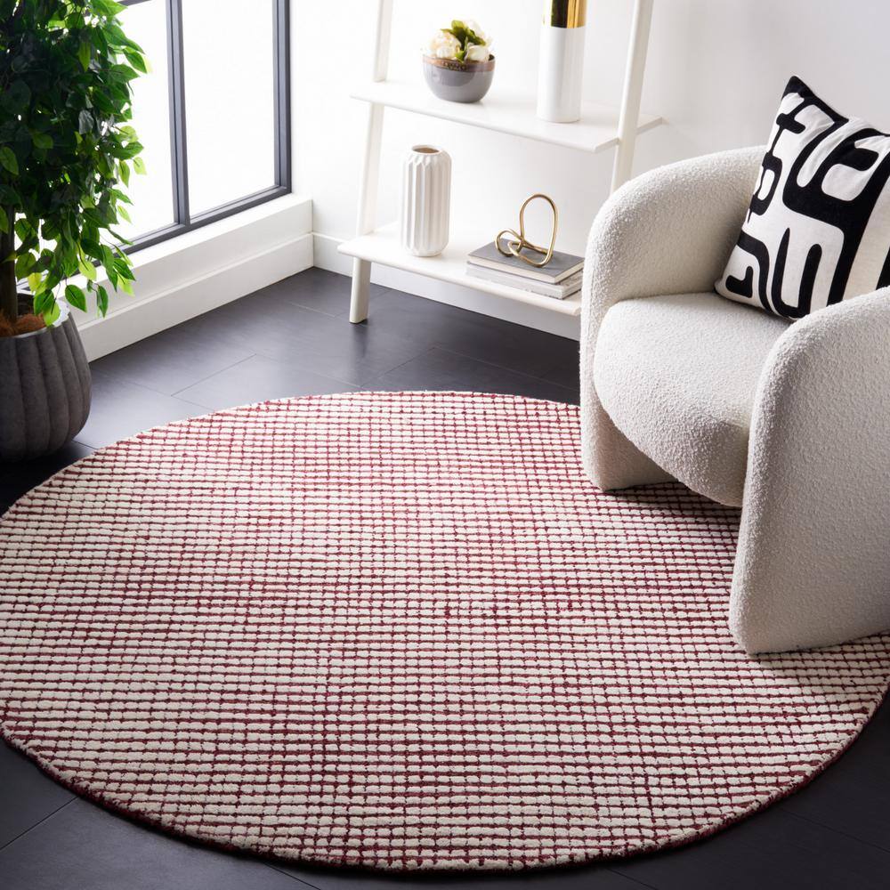 Handmade Red and Ivory Abstract Wool Round Rug, 6'