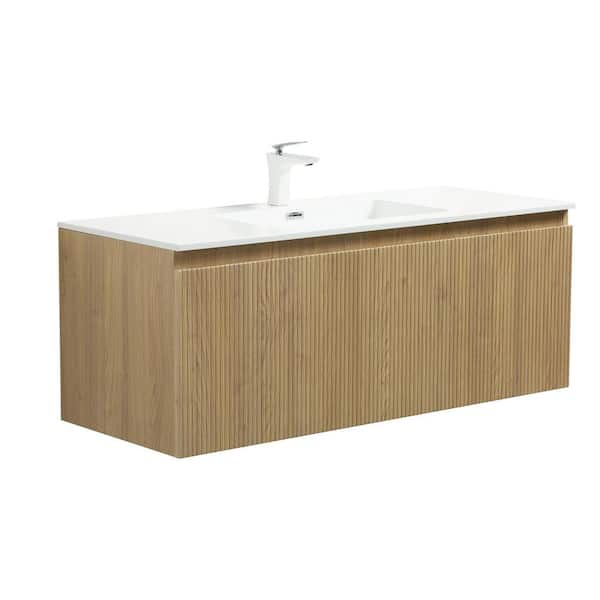 WY 47.3 in. W x 18.9 in. D Single Sink Floating Bath Vanity in Yellow Oak Wood Finish with White Resin Top