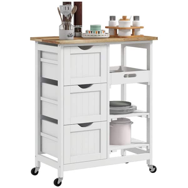 White Rubber Wood Top 26. 5 in. Kitchen Island Cart with Chopping Board, Removable Trays, Easy Mobility