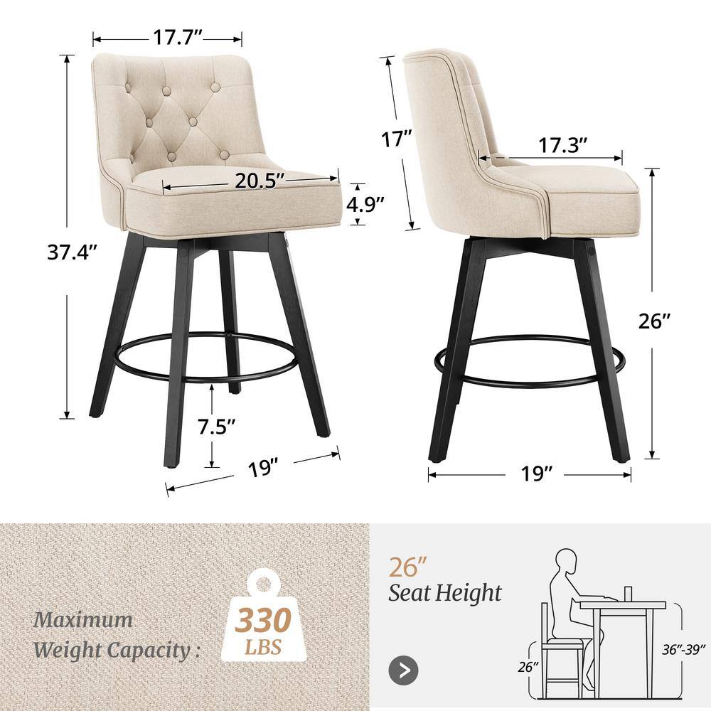 Beige Linen Upholstered Swivel Counter Stool with Solid Wood Frame