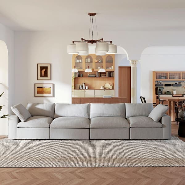 79 in. Modular Gray Linen Solid Wood Full Size 4-Seat Convertible Sleeper Sofa Bed with Washable Covers