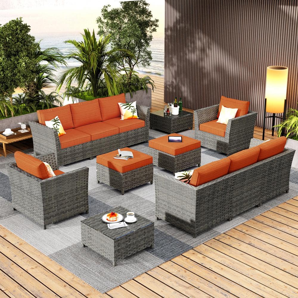 XIZZI Cascade Gray 12-Piece Wicker Outdoor Sectional Set with Orange ...