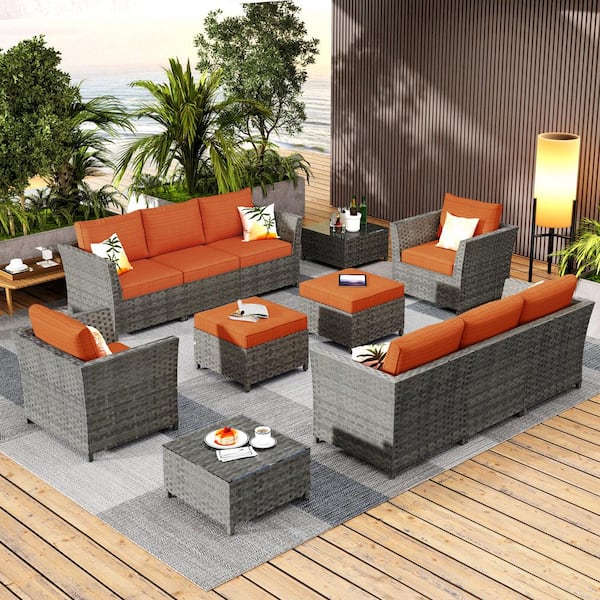XIZZI Cascade Gray 12-Piece Wicker Outdoor Sectional Set with Orange Red Cushions