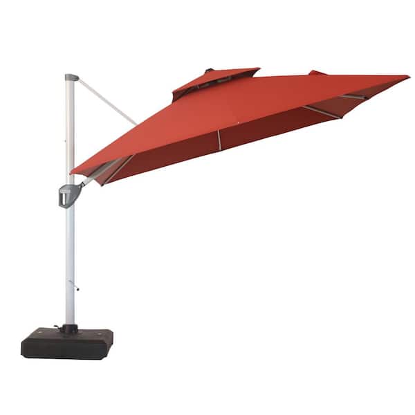Mondawe 10 ft. Square Aluminum Cantilever Patio Umbrella 360 Rotation, Dual Top with Waterproof Cover and HDPE Base in Burgundy
