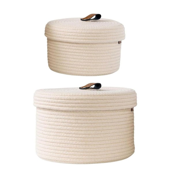 Unbranded White 11 in. x 6.5 in. Cotton Decorative Basket Set of 2 with Lids