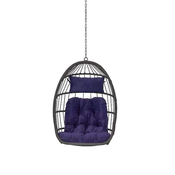 Sudzendf 2.38 ft. Outdoor Wicker Egg Hanging Hammock Chair with Cushion in Dark Blue