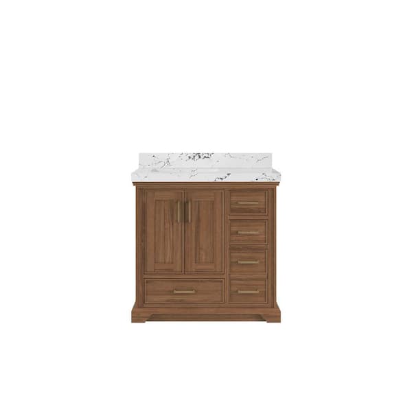 Willow Collections Charlotte Teak 36 in. W x 22 in. D x 36 in. H Left Offset Sink Bath Vanity in Dark Natural with 2 in. Viola Night Top