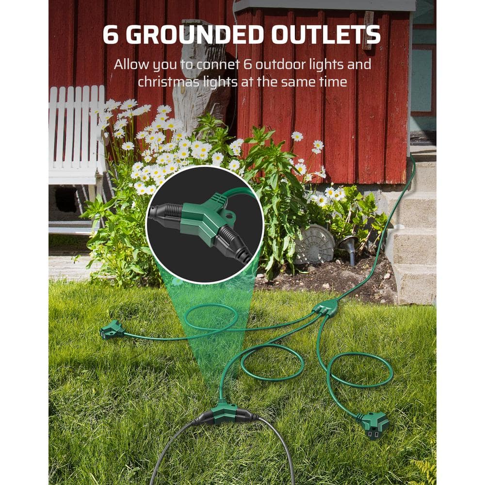 25 ft Green Heavy Duty Outdoor Extension Cord with 3-Way Splitter