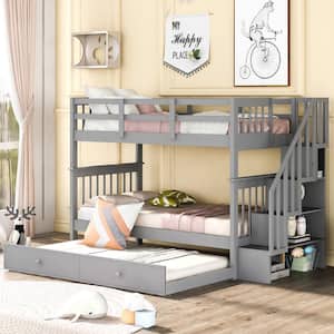 Gray Twin Over Twin Wood Bunk Bed with Twin Size Trundle and Staircase