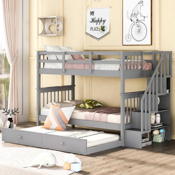 Harper & Bright Designs Gray Twin Over Twin Wood Bunk Bed with Twin Size Trundle and Staircase