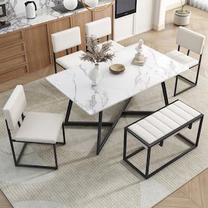 6-Piece Rectangle Black and White Faux Marble Top Dining Set with 4 Linen Upholstered Chairs, Beige Bench, Iron Frame