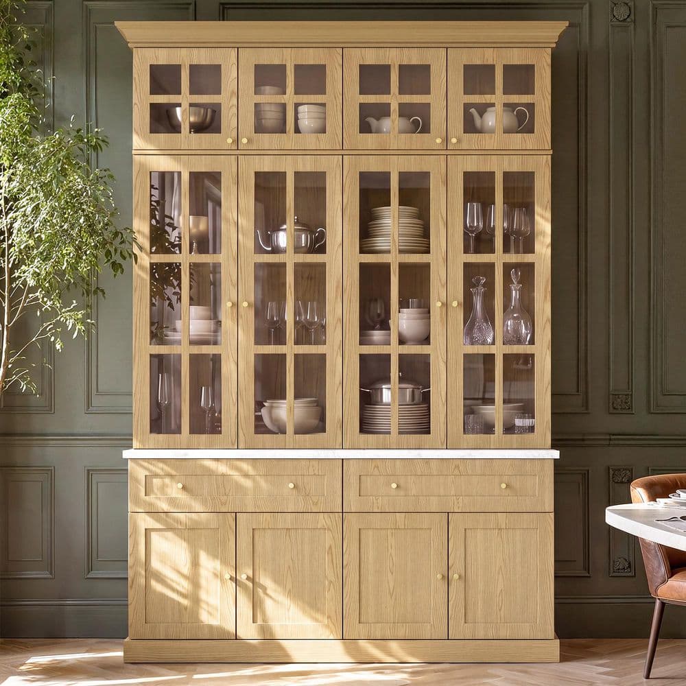 Natural Wood 63 in. x 94.5 in. Pantry Cabinet with Glass Doors, 2 Drawers, 8 Storage Shelves, 2 Lower Cabinets