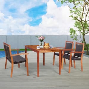 4-Pieces Acacia Wood Rattan Patio Dining Set Furniture Set with Umbrella Hole