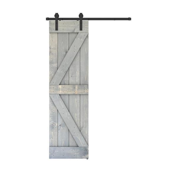 Dessliy K Series 24 in. x 84 in. Weather Grey Finished Pine Wood Sliding Barn Door With Hardware Kit
