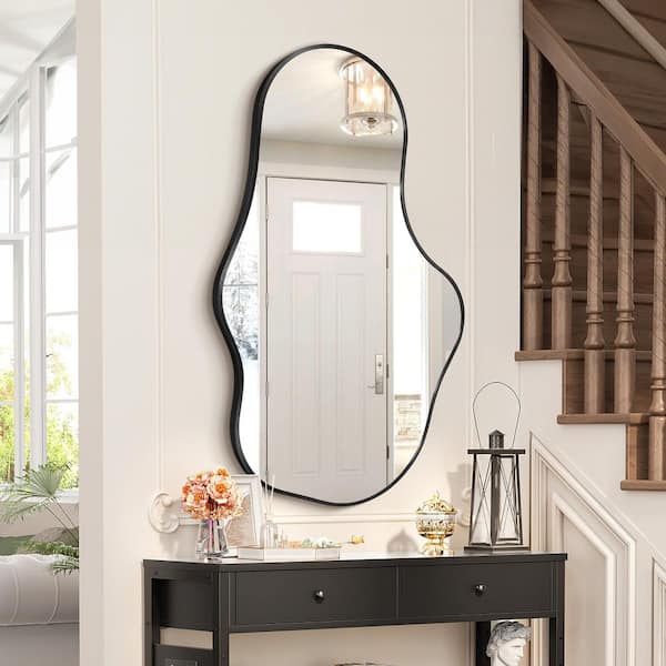 Hochwertiges 22 in. W x 36 in. H Irregular Black Aluminum Alloy Framed Asymmetrical Wall Mirror