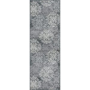 Leigh Slate 2 ft. 7 in. x 8 ft. Floral Medallion Polypropylene Area Rug