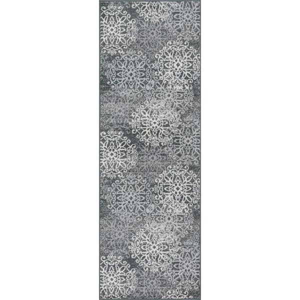 SUPERIOR Leigh Slate 2 ft. 7 in. x 8 ft. Floral Medallion Polypropylene Area Rug