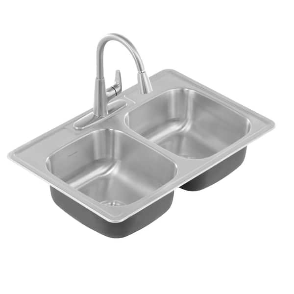 American Standard Sullivan Drop-In 33-in x 22-in Stainless Steel Double  Offset Bowl 2-Hole Kitchen Sink All-in-one Kit