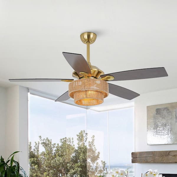 Flint Garden 52 in. Indoor Gold LED Hemp Rope Weaving Caged Ceiling Fans with Lights, 5-Blades and Remote Control Included