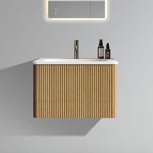 ENYA 24 in. W. x 18.3 in. D x 15.6 in. H Single Sink Floating Bath Vanity in Natural Oak with White Ceramic Top