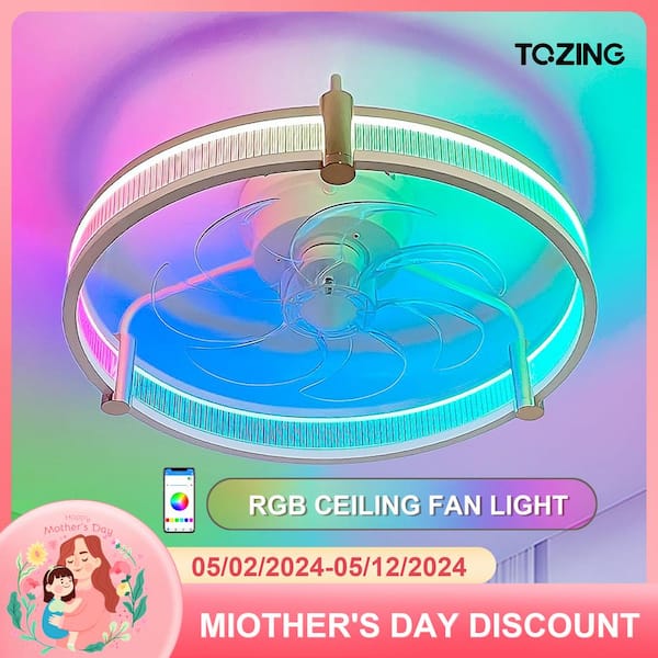 TOZING 21 in. Smart LED Indoor White RGB Modern Low Profile Flush Mount Ceiling Fan with Light with Remote Control for Bedroom