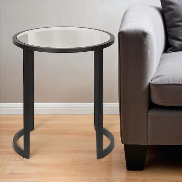 HomeRoots 20 in. Black Round Glass End Table