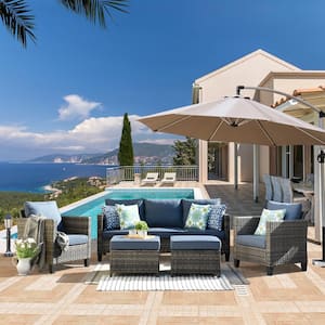 Megon Holly Gray 5-Piece Wicker Outdoor Patio Conversation Seating Sofa Set with Denim Blue Cushions