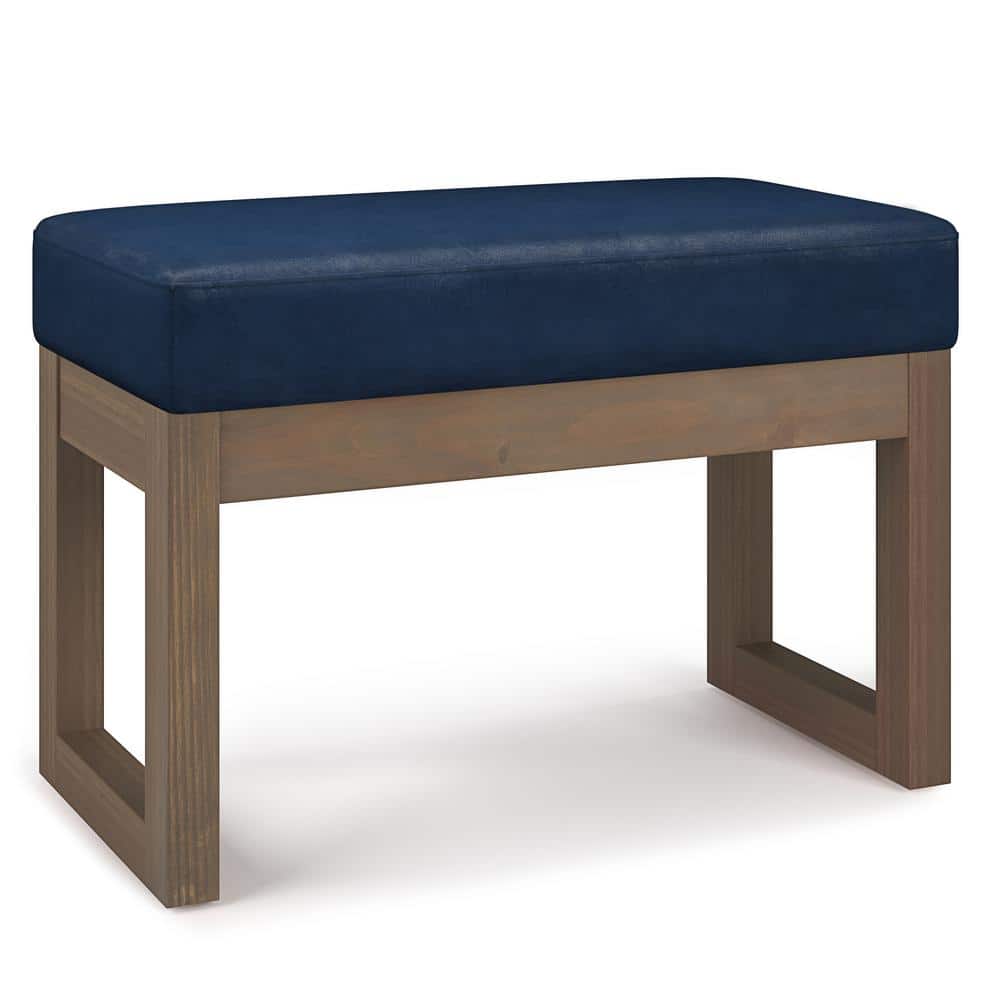 Milltown 27 in. Faux Leather Wide Solid Wood Small Ottoman Bench Footstool in Distressed Dark Blue