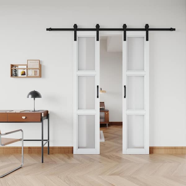 36 in. x 84 in. 3-Lites Frosted Glass and MDF Finished Double Sliding Barn Door with Soft Close and Hardware Kit
