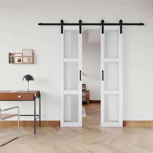 36 in. x 84 in. 3-Lites Tempered Frosted Glass and MDF Prefinished Double Sliding Barn Door with Hardware Kit