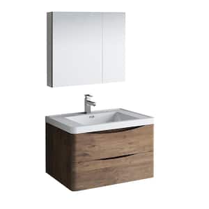 Tuscany 32 in. Modern Wall Hung Bath Vanity in Rosewood with Vanity Top in White with White Basin and Medicine Cabinet